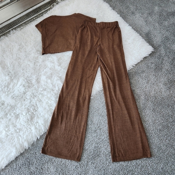 Daisy Pants & Crop Top Set. Brushed Knit High Waist Wide Leg Pants. Color Mocha. - Picture 4 of 14